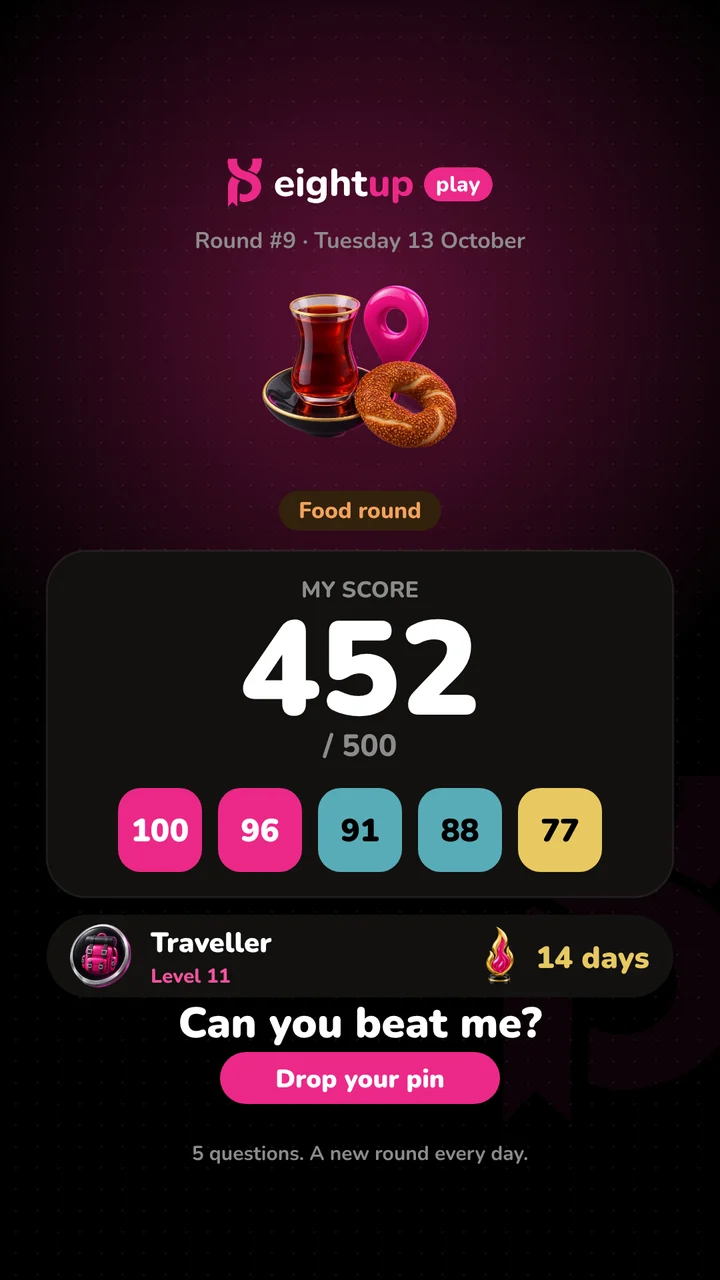 Example eightup play score card: 452 / 500, five coloured squares, level and streak